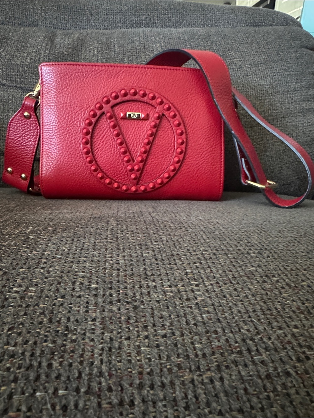 Valentino By Mario Valentino Red Stud Circle V Crossbody Bag